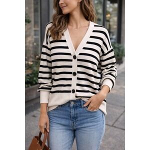 Rachel Roy Black White Stripe Button Cardigan French Girl Chic Sweater Sz M